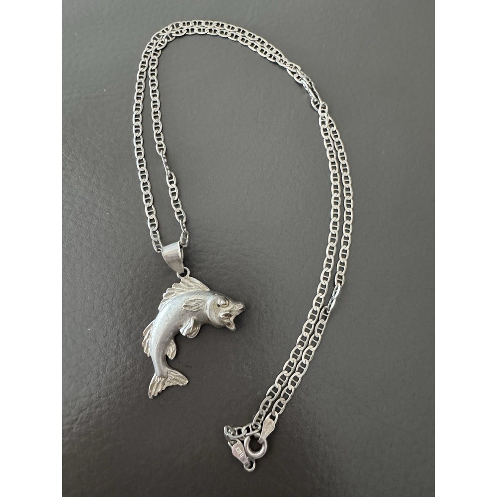 Italy 925 Sterling Silver Chain with Large Mouth Bass Pendant Fisherman Men's